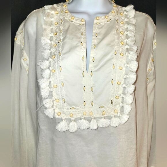 Tory Burch Ivory Cotton Boho Tunic w/Shells,Tassels & Embroidery Sz.XS Ret $225 - Picture 2 of 7